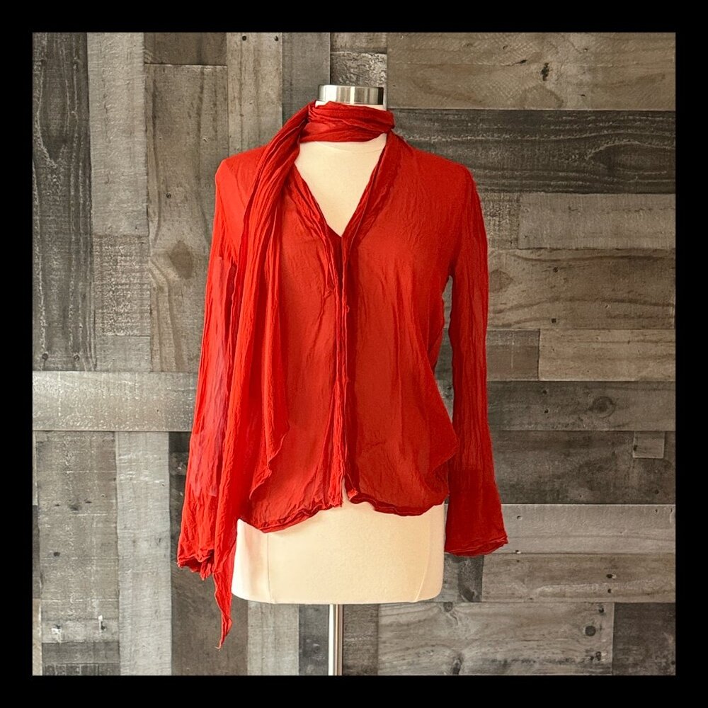ZARA burnt orange button up top attached scarf medium capsule wardrobe boho